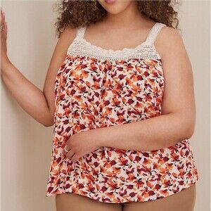 Torrid Sleeveless Gauze Crochet Lace Detail Orange White Floral Tank Top Size 2X